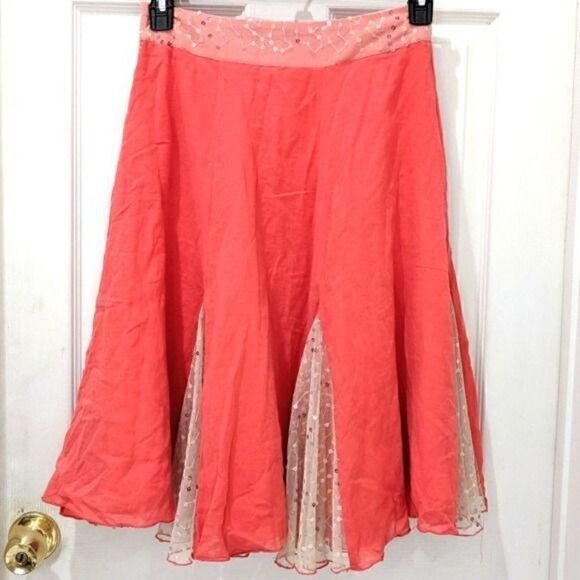Vintage 80s Pleated Skirt Ruffle Sequin Mesh Inset Fairyesque Coral Fairycore 4 - Picture 2 of 8